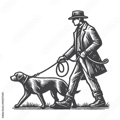 Vintage Hand-Drawn Dog Walker Side View Illustration – Outdoor Lifestyle Engraved Style Vector for T-Shirts, Posters, Stickers, and Pet Apparel