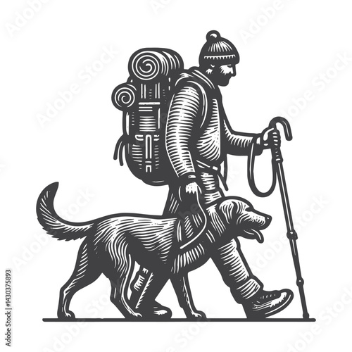 Vintage Hand-Drawn Dog Walker with Backpack Illustration – Outdoor Lifestyle Engraved Style Vector for T-Shirts, Posters, Stickers, and Pet Apparel