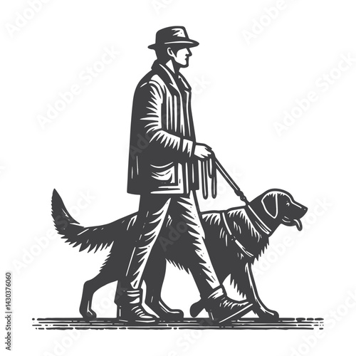 Vintage Hand-Drawn Dog Walker Holding One Dog Leash Illustration – Outdoor Lifestyle Engraved Style Vector for T-Shirts, Posters, Stickers, and Pet Apparel