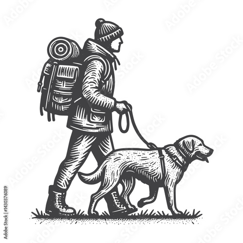 Vintage Hand-Drawn Dog Walker with Backpack Illustration – Outdoor Lifestyle Engraved Style Vector for T-Shirts, Posters, Stickers, and Pet Apparel