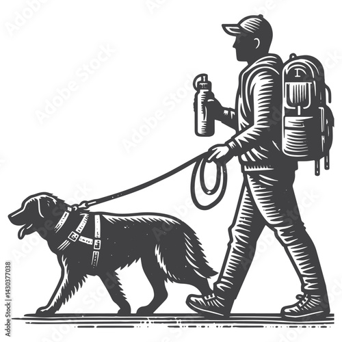 Vintage Hand-Drawn Dog Walker with Backpack Illustration – Outdoor Lifestyle Engraved Style Vector for T-Shirts, Posters, Stickers, and Pet Apparel
