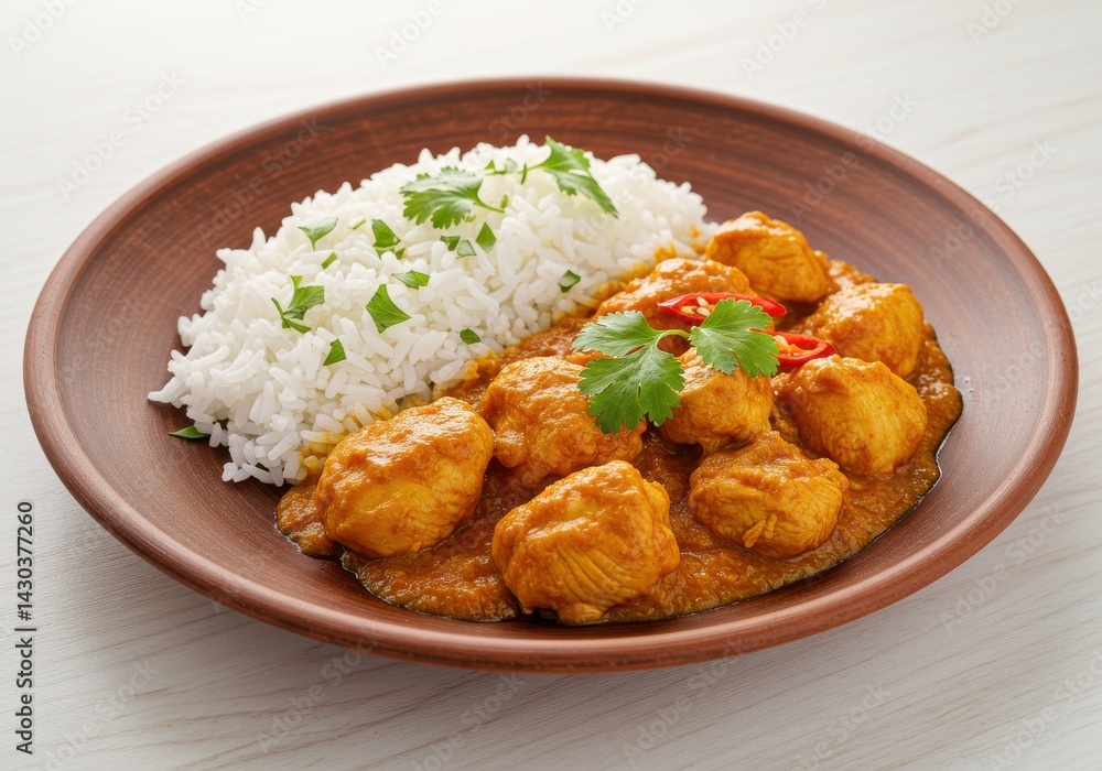 A plate of chicken curry with rice and garnish served on a brown ceramic plate on a white A plate of chicken curry with rice and garnish served on a brown ceramic plate on a white