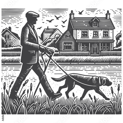 Vintage Hand-Drawn Dog Walker in Suburban Neighborhood Illustration – Outdoor Lifestyle Engraved Style Vector for T-Shirts, Posters, Stickers, and Pet Apparel