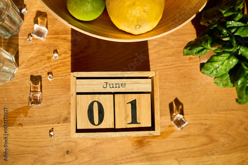 A wooden bowl filled with colorful citrus fruits sits alongside two glasses with ice and fresh mint leaves, marking the start of June with a warm invitation to refreshment.