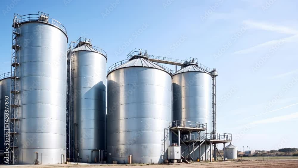 Large Metal Silos and Industrial Equipment Against a Clear Blue Sky Large Metal Silos and Industrial Equipment Against a Clear Blue Sky