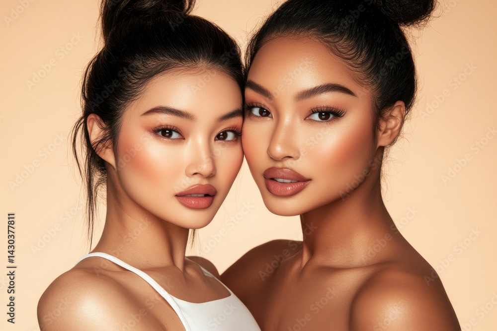 The concept of beauty is portrayed through smiling women with flawless complexions and subtle, natural makeup, featuring a diverse range of Asian and African models with varying skin types set The concept of beauty is portrayed through smiling women with flawless complexions and subtle, natural makeup, featuring a diverse range of Asian and African models with varying skin types set