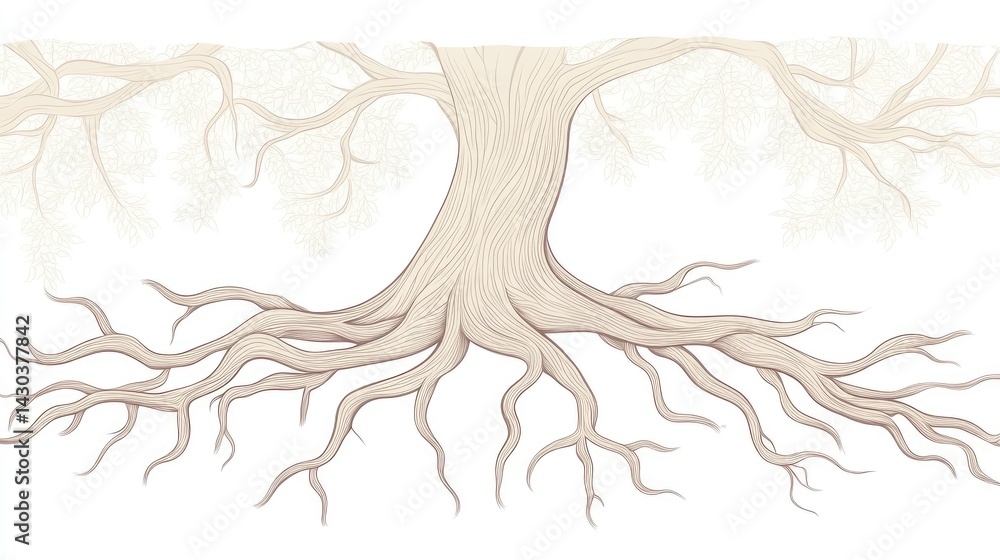 Mature tree's extensive root system against a light background. Mature tree's extensive root system against a light background.