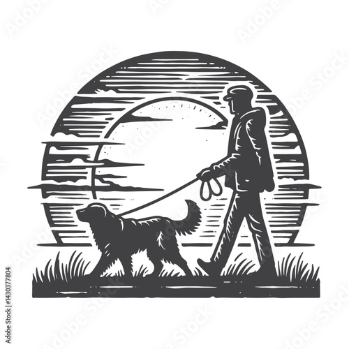 Vintage Hand-Drawn Dog Walker at Sunset Illustration – Outdoor Lifestyle Engraved Style Vector for T-Shirts, Posters, Stickers, and Pet Apparel