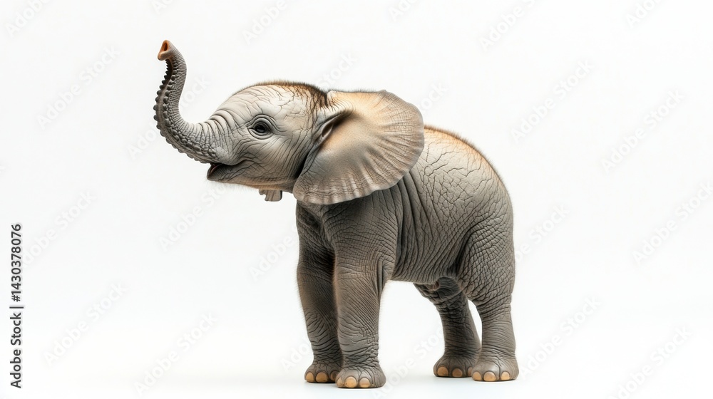 Fototapeta premium Baby Elephant With Raised Trunk Showing Friendly Demeanor in Soft Light on White Background Generative AI