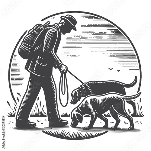 Vintage Hand-Drawn Dog Walker with Dogs Sniffing Illustration – Outdoor Lifestyle Engraved Style Vector for T-Shirts, Posters, Stickers, and Pet Apparel