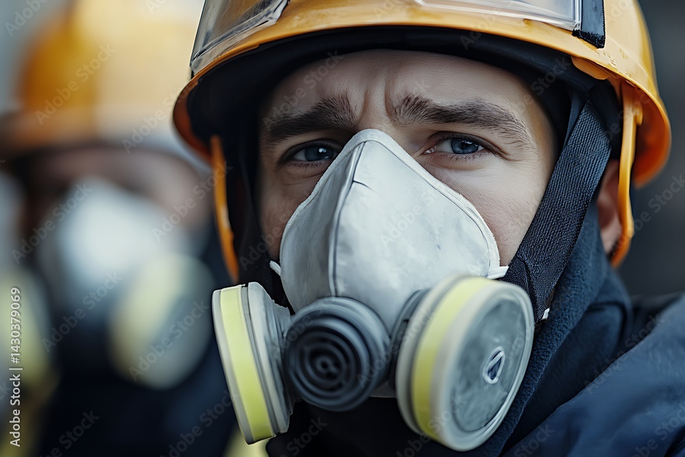 Construction worker wears safety mask on site due to pollution, with blurred team member Construction worker wears safety mask on site due to pollution, with blurred team member