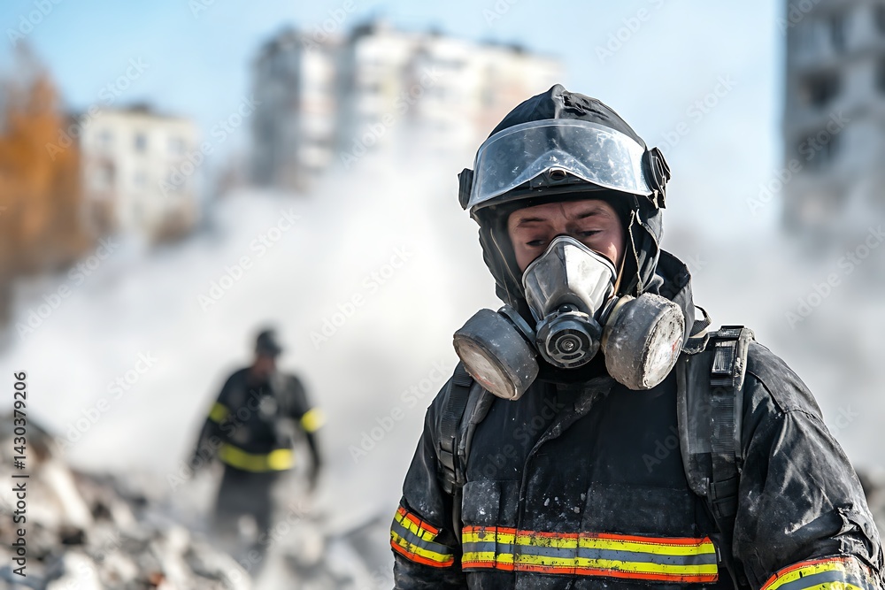 Firefighter in rescue gear amid rubble, searching for survivors in a damaged city, for humanitarian aid Firefighter in rescue gear amid rubble, searching for survivors in a damaged city, for humanitarian aid