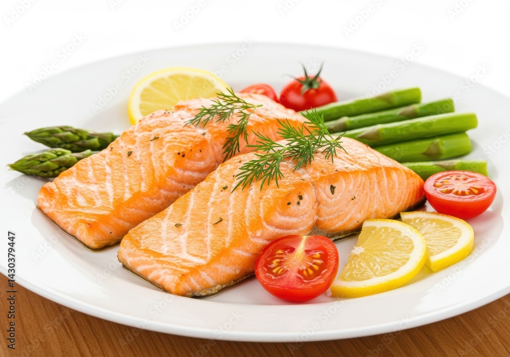 Two salmon fillets with asparagus tomatoes and lemon slices on a white plate close up shot view Two salmon fillets with asparagus tomatoes and lemon slices on a white plate close up shot view