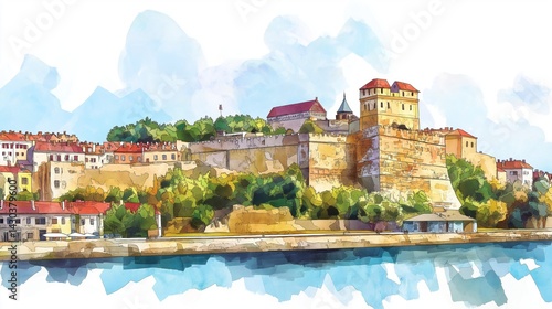 Wallpaper Mural Petrovaradin Fortress. Petrovaradin Fortress hand drawn watercolor illustration Torontodigital.ca