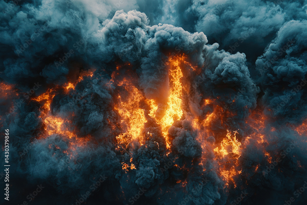 Apocalyptic scene featuring a raging inferno engulfed in thick, ominous clouds of smoke and fire. Apocalyptic scene featuring a raging inferno engulfed in thick, ominous clouds of smoke and fire.