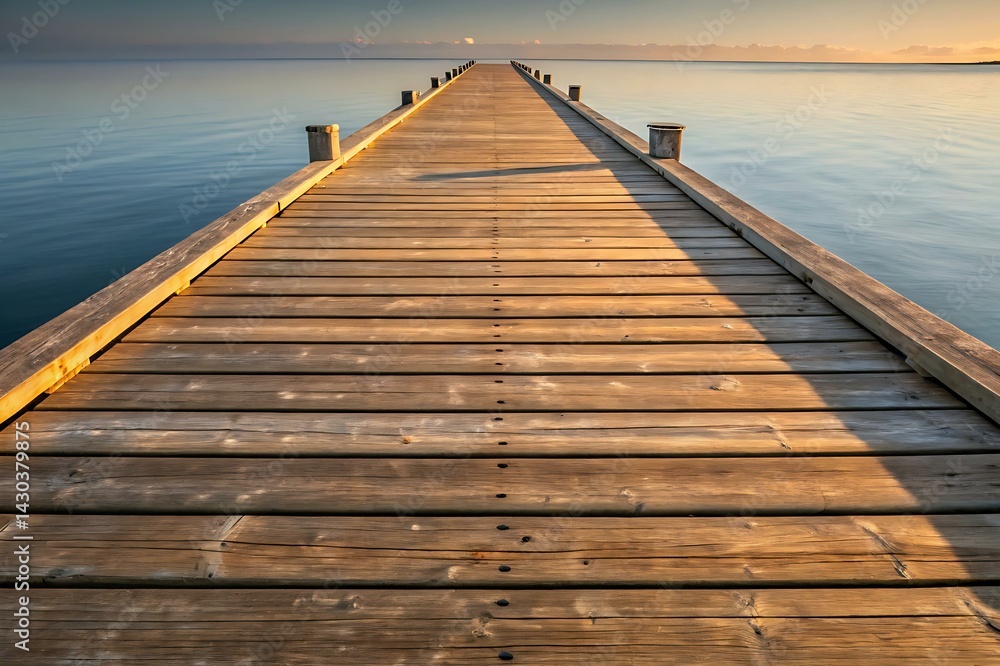 Fototapeta premium Serene Wooden Pier at Sunrise – Tranquil Waterfront Landscape with Golden Light