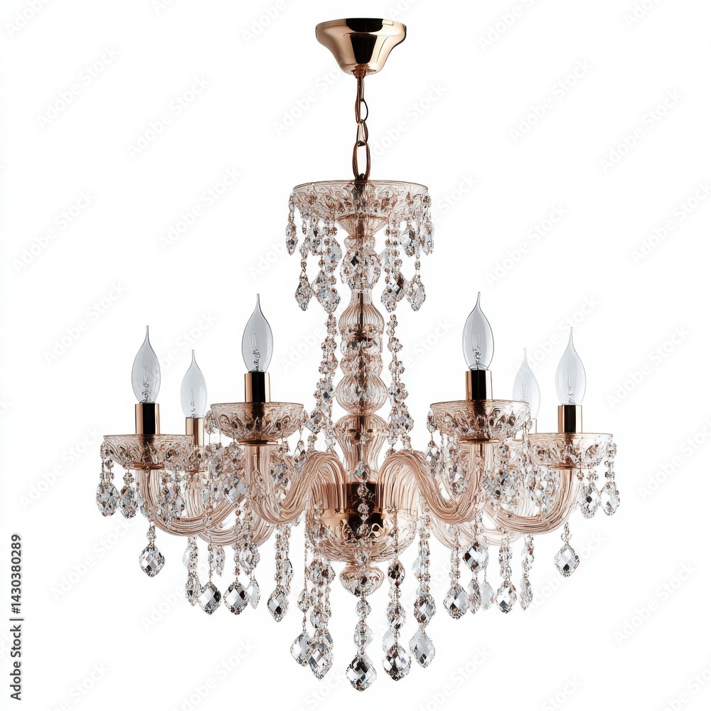 A stunning, elegant chandelier with crystal drops and five candle-style bulbs, showcasing a beautiful blend of gold and clear materials against a white background. A stunning, elegant chandelier with crystal drops and five candle-style bulbs, showcasing a beautiful blend of gold and clear materials against a white background.