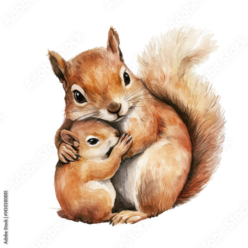 Mother squirrel with her baby. Mom and child, Isolated element with transparent background. Cute watercolor illustration for Mother's Day. Greeting card, poster, print, 