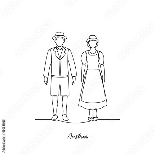 One continuous line drawing of Austria traditional clothes couple vector illustration. Europe traditional clothes concept in simple linear style. Fashion for asset design an educational purpose.