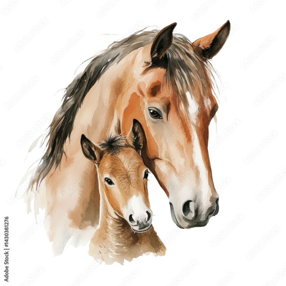 Obraz premium Mother horse gently touches her foal. Mom with baby. Isolated element with transparent background. Cute watercolor illustration for Mother's Day. Greeting card, poster, print, 