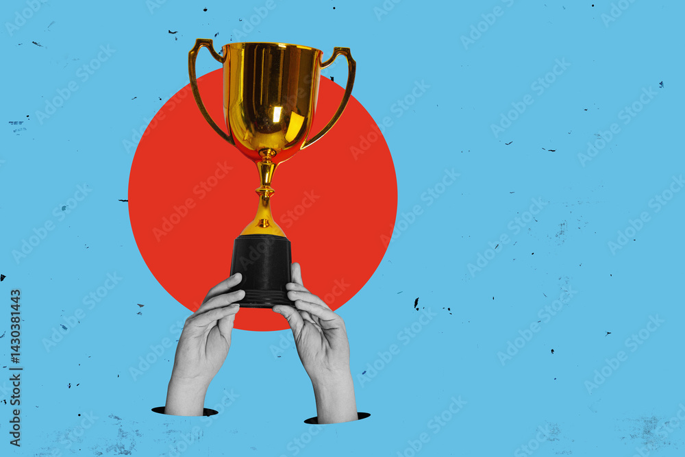 Fototapeta premium Flat design Illustration. Hand holds and raised big cup trophy, holding cup against blue backgrund. Consolation prize award and victory concept.
