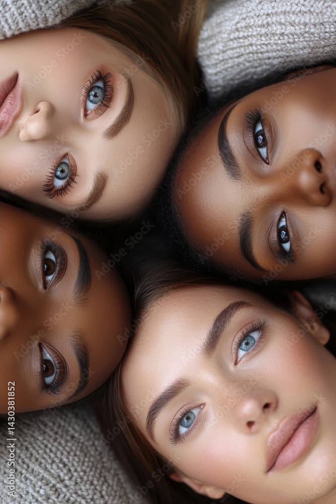 A portrait of women from diverse ethnic backgrounds looking directly at the camera, set against a gray background in a vertical orientation