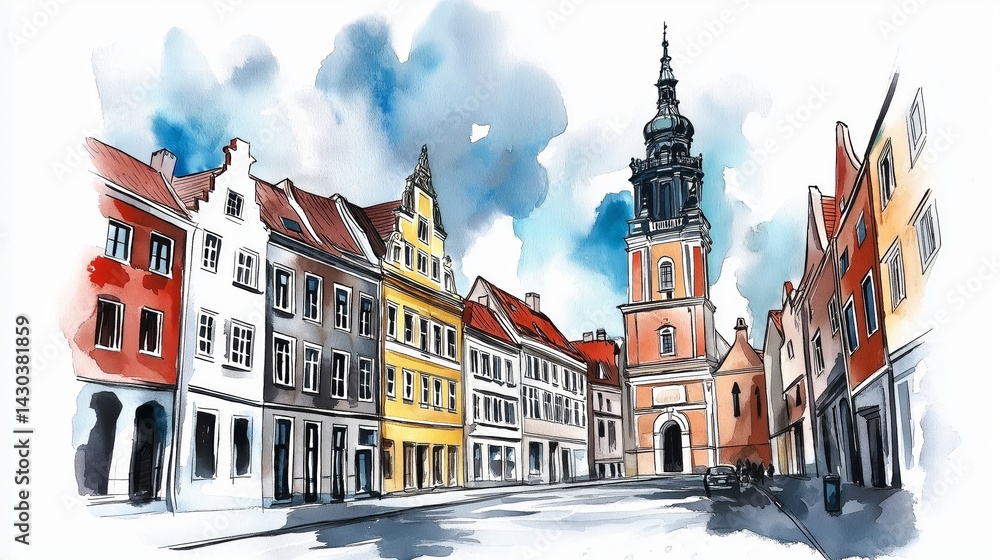 Fototapeta premium Riga Old Town. Riga Old Town hand drawn watercolor illustration