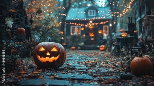 Spooky Halloween scene with glowing pumpkins and a cozy cottage adorned with lights.