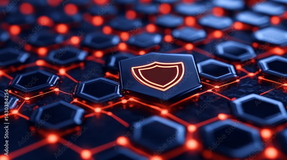 Fototapeta premium Glowing shield icon on digital hexagon network, cybersecurity technology, data protection, virtual security theme, futuristic graphic design