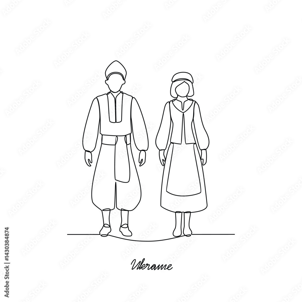 One continuous line drawing of Ukraine traditional clothes couple vector illustration. Europe traditional clothes concept in simple linear style. Fashion for asset design an educational purpose. One continuous line drawing of Ukraine traditional clothes couple vector illustration. Europe traditional clothes concept in simple linear style. Fashion for asset design an educational purpose.