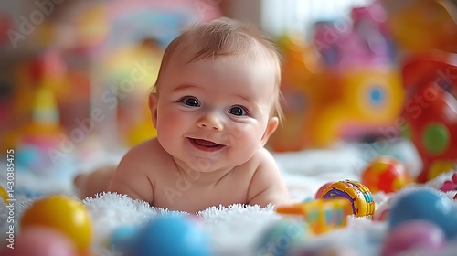 Joyful baby girl, tummy time, surrounded by toys