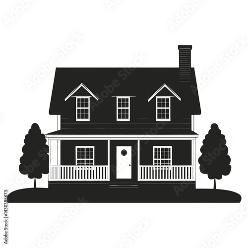 American suburb house architecture illustration black vector