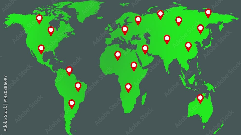 Animated map of the world and travel. Spots on the map lighting up in ...
