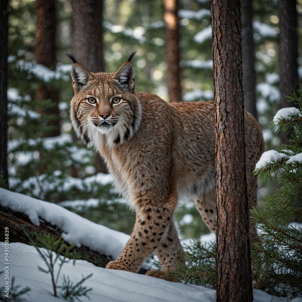Fototapeta premium Lynx Walking Stealthily Through Pine Trees