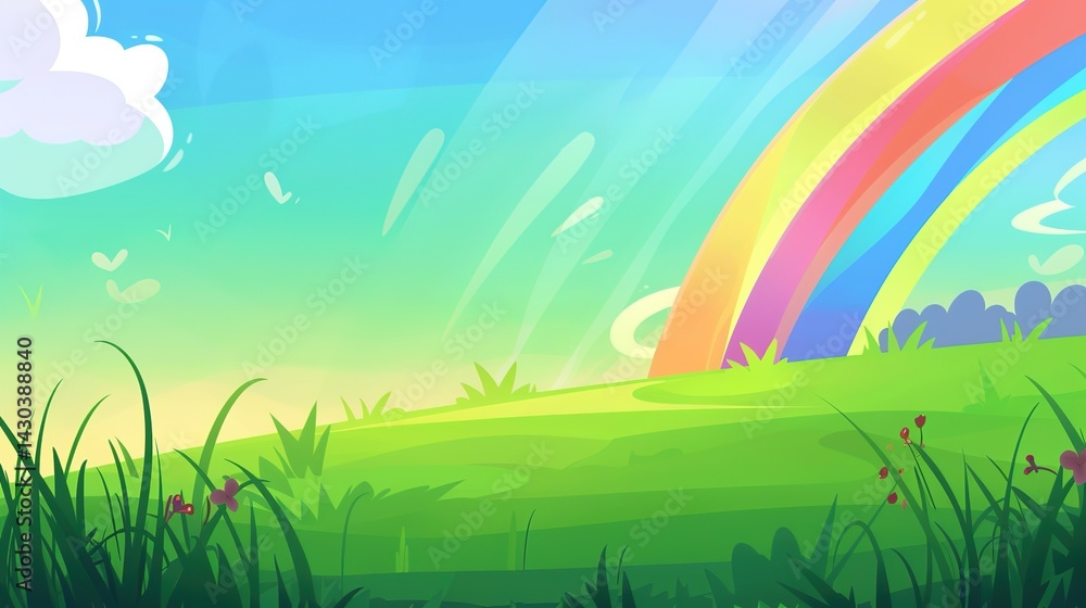 Fototapeta premium Step into a Magical Realm with Our Enchanting Rainbow Green Grassland Backgrounds! These captivating visuals blend the lush vibrancy of green grasslands with the mesmerizing colors of a rainbow, creat