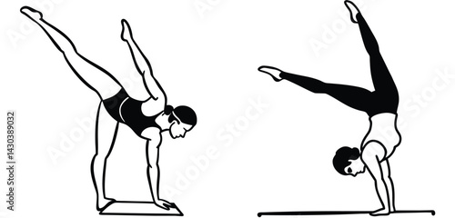Silhouette of a gymnast in a perfect handstand pose on a balance beam