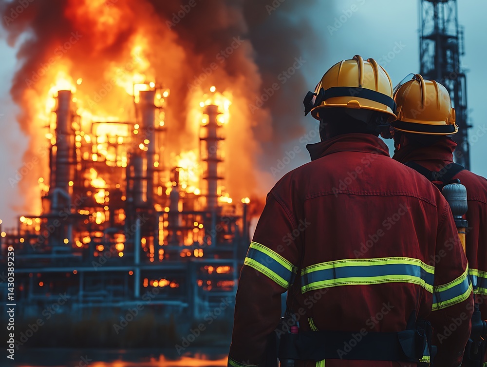 Firefighters oversee refinery blaze with intense flames, risking life. For safety training use Firefighters oversee refinery blaze with intense flames, risking life. For safety training use