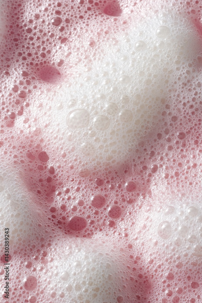Fototapeta premium A top-down view of a pink background showcases various cosmetic products, including foamy soap lather, a clear spot of aloe vera, moisturizer for the face, body milk lotion, and lipstick with visible