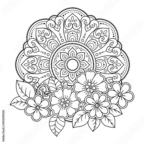 Circular pattern in form of mandala with flower for Henna, Mehndi, tattoo, decoration. Decorative ornament in ethnic oriental style. Outline doodle hand draw vector illustration.