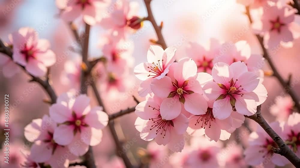 Pink Cherry Blossoms Swaying in Spring Breeze Pink Cherry Blossoms Swaying in Spring Breeze