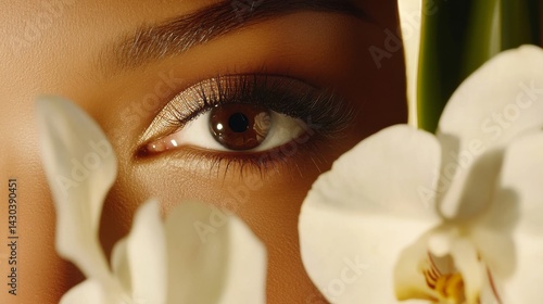 Obraz na płótnie In a salon setting, the concept of beauty care for the skin and face is illustrated by a portrait of a beautiful young Caucasian woman with green eyes and a bouquet of white flowers w salonie