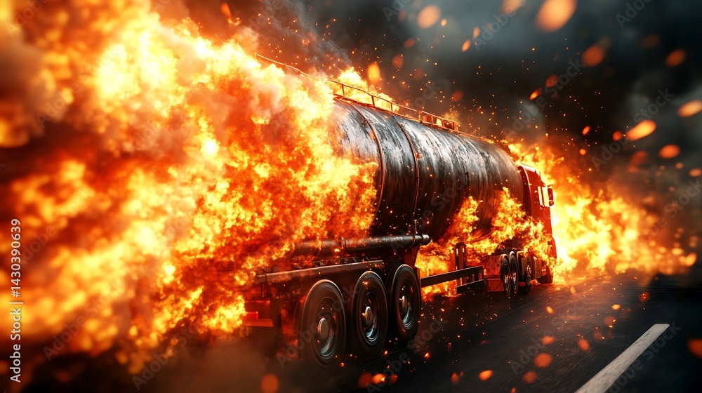 Tanker engulfed in flames during roadside accident, surrounded by smoke, portraying industrial danger Tanker engulfed in flames during roadside accident, surrounded by smoke, portraying industrial danger