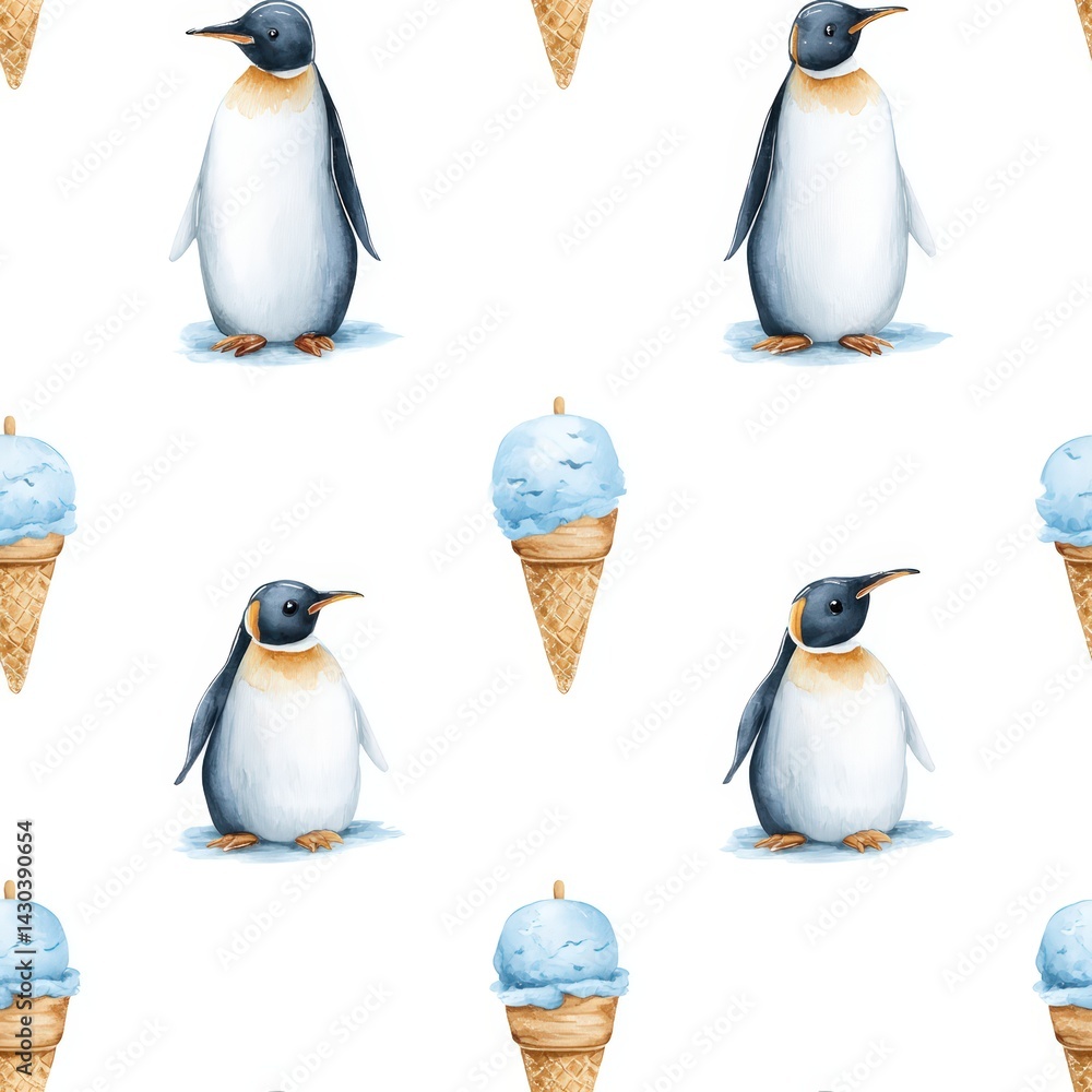 Fototapeta premium Seamless repeat pattern featuring hand-painted penguins in watercolor style, with ice cream cones and fish popsicles, icy blue and white tones, isolated on white background, coastal escape vibe,