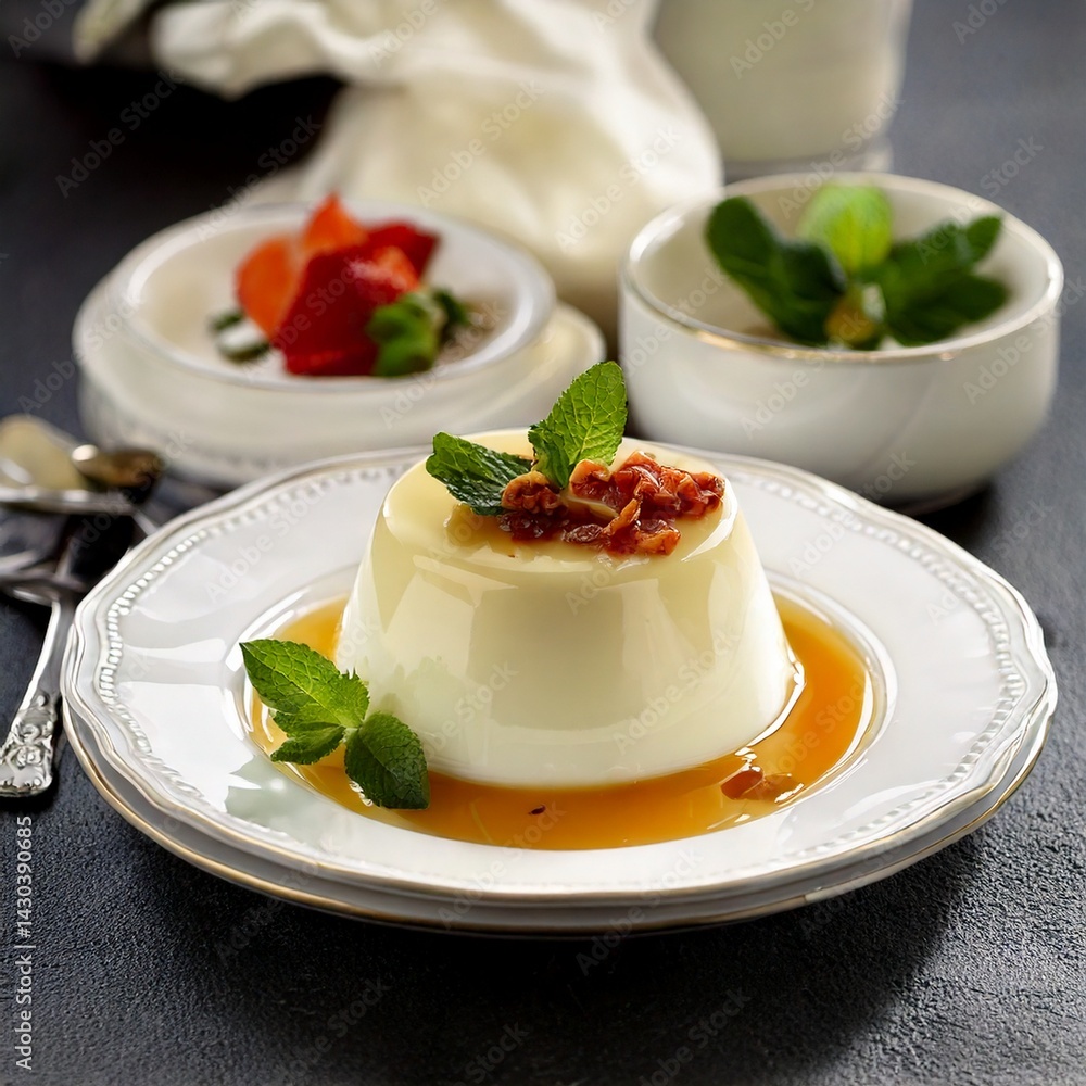 Creamy panna cotta dessert served with fresh raspberries, blueberries, mint, and a vibrant berry sauce Creamy panna cotta dessert served with fresh raspberries, blueberries, mint, and a vibrant berry sauce