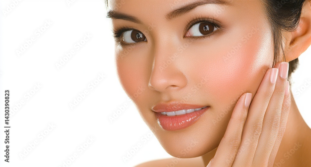 Portrait of a stunning Asian woman with flawless and healthy skin, gently touching her cheek, set against a white background, highlighting her beautiful smile and youthful appearance as a Portrait of a stunning Asian woman with flawless and healthy skin, gently touching her cheek, set against a white background, highlighting her beautiful smile and youthful appearance as a