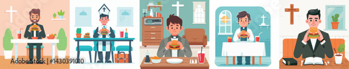 vector priest eating burger at table