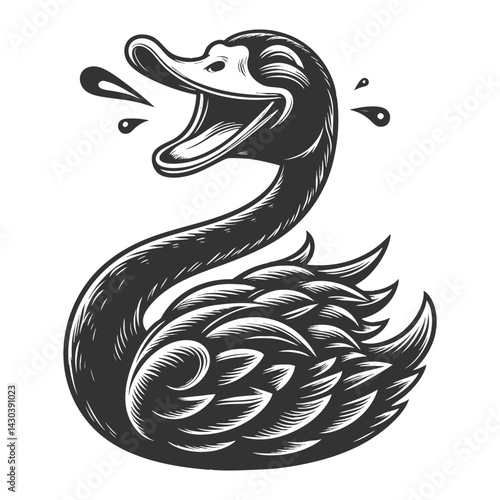 cartoonish black swan laughing loudly, offering a satirical twist on the black swan metaphor sketch engraving generative ai vector illustration. Scratch board imitation. Black and white image.