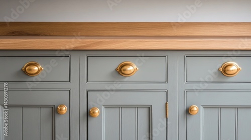 Close-up of light gray kitchen cabinets with gold knobs.
