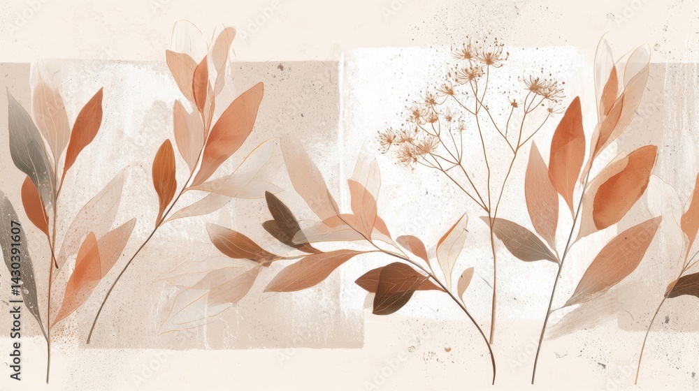 Artistic illustration of leaves in warm earthy tones on a textured background.