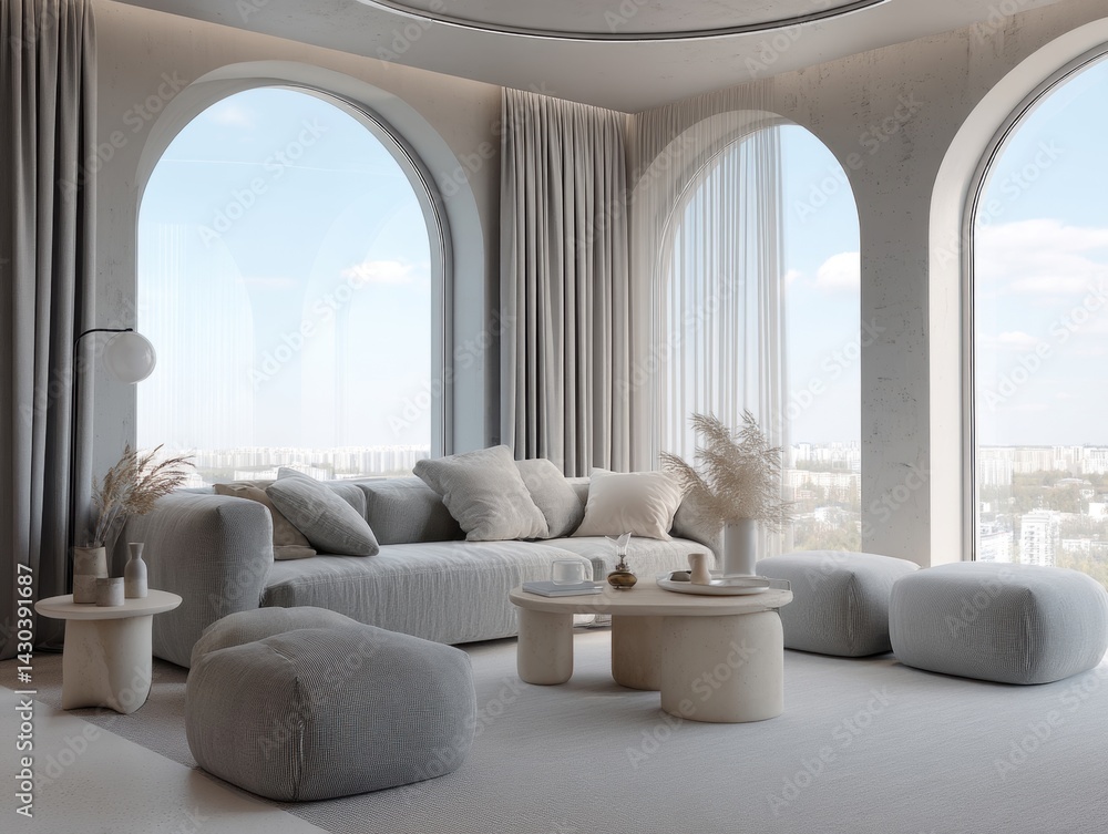 Modern living room with large windows, plush furniture, and a serene view, designed for comfort and elegance.
